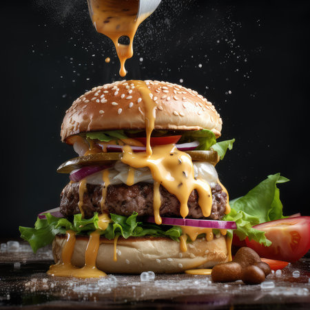 Hamburger with cheese, tomato and onion on a black backgroundの素材