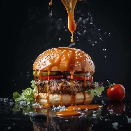 Hamburger with flying ingredients on a black background. Copy space.の素材