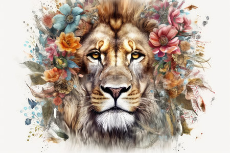 Lion portrait with flowers. Watercolor painting on white background.の素材