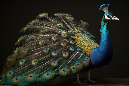 Beautiful peacock with feathers on black background, 3d renderの素材