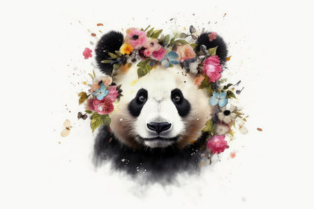 Panda with a wreath of flowers on a white background.の素材