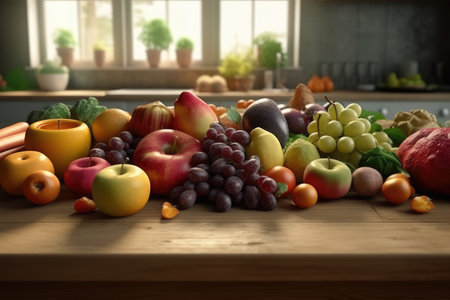 Composition with variety of fruits and vegetables on wooden table in kitchenの素材