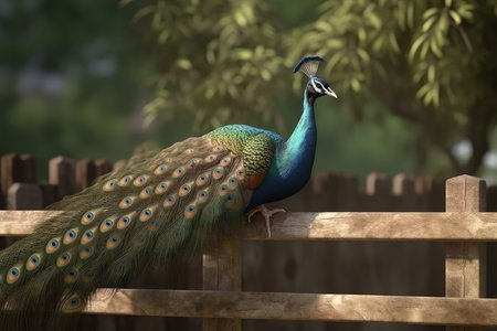 Beautiful peacock with feathers on a wooden fence in the parkの素材