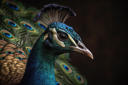 Portrait of peacock with colorful feathers on a dark background.の素材