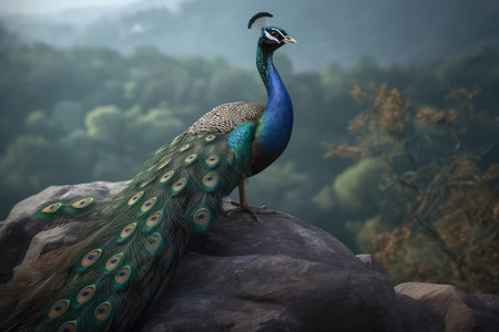 Beautiful peacock on a rock in the jungle. Wildlife sceneの素材