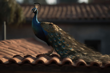 Peacock on the roof of an old house in the villageの素材