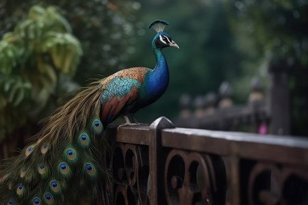 Beautiful peacock with colorful feathers on the fence in the parkの素材