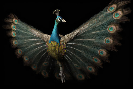 Beautiful peacock isolated on black background,3d illustration.の素材