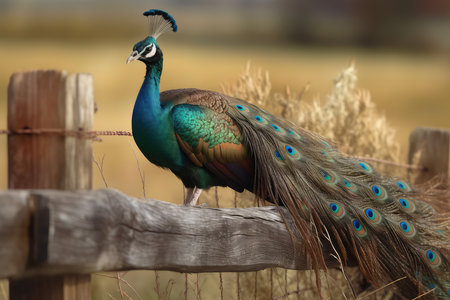 Peacock on a fence in the countryside in the fall.の素材