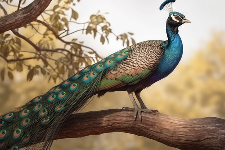 Beautiful peacock with colorful feathers on a branch in the parkの素材