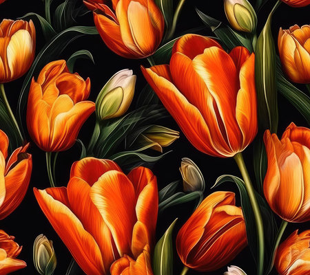 Seamless pattern with orange tulips on a black background.の素材