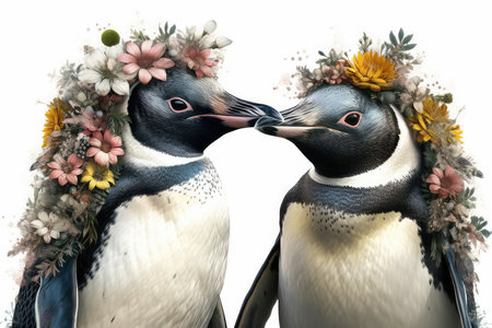 Penguin couple in love with floral wreath on white backgroundの素材