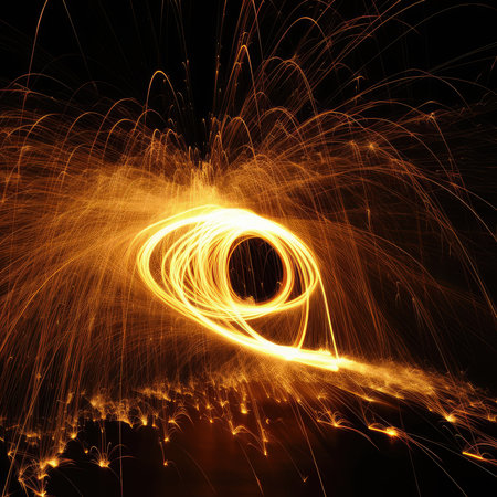 Sparks from spinning steel wool on a dark background. Long exposure.の素材
