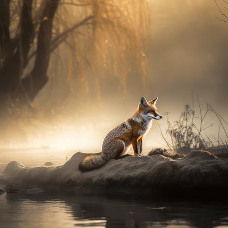 Red fox sitting on a rock in a foggy forest at sunriseの素材
