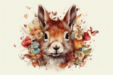 Rabbit with autumn leaves and butterflies on white background. Digital painting.の素材