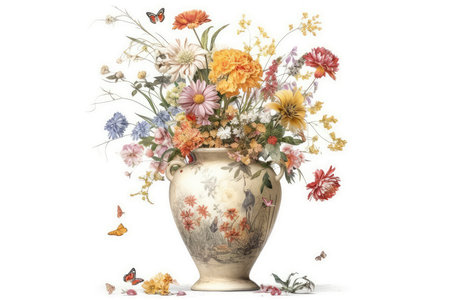 Vase with wildflowers and butterflies isolated on a white backgroundの素材