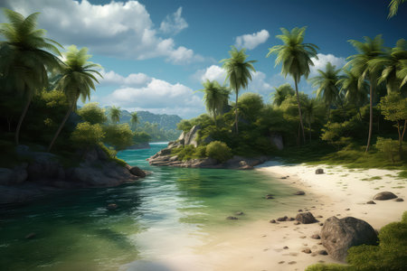 Tropical beach with palm trees and blue sky. 3d renderの素材