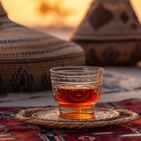 Turkish tea in a glass on a wooden tray. Close-upの素材