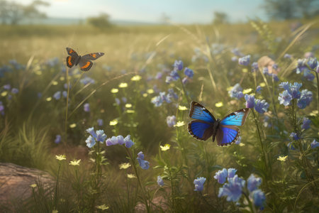 Butterfly in the meadow with blue flowers and green grassの素材