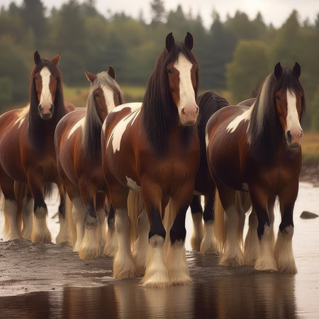 Group of horses standing in water on a sunny day in autumn.の素材