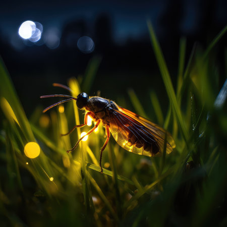 Dragonfly on the grass at night in the garden. Selective focus.の素材