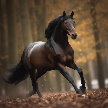 Beautiful bay stallion running gallop in the autumn forest.の素材