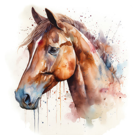 Watercolor portrait of a bay horse. Digital watercolor painting.の素材