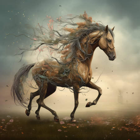 Horse with long mane running in the wind. Fantasy illustrationの素材