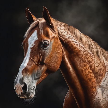 Portrait of a beautiful bay horse on a dark background. 3d renderingの素材