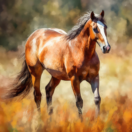 Horse in the autumn field. Watercolor painting. Illustration.の素材