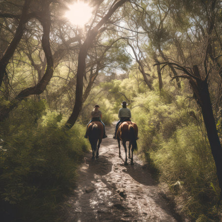 Horseback riding in the forest. Horseback riding in the woods.の素材