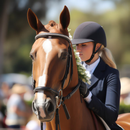 Portrait of a beautiful young woman jockey riding a horse.の素材