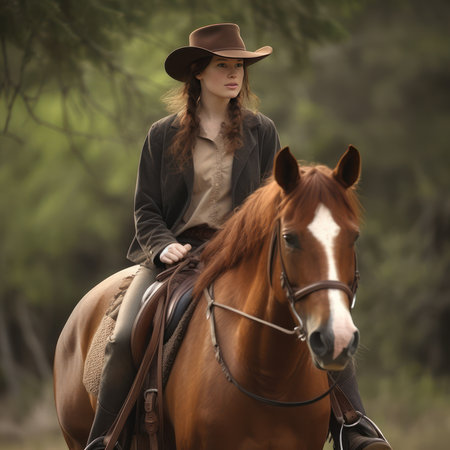 Young beautiful woman in cowboy hat on horseback in the forest.の素材