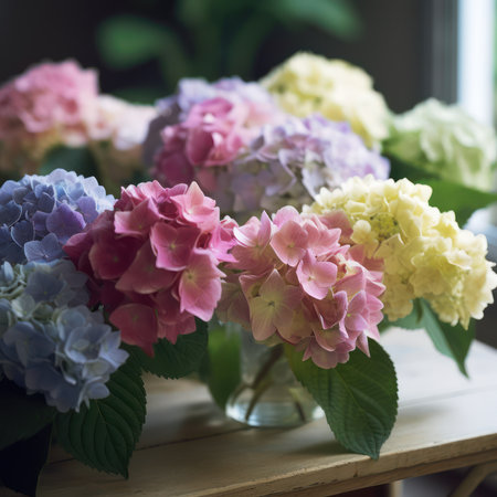 Colorful hydrangea flowers in vase on wooden tableの素材