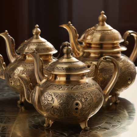 Antique copper teapot set on a mirror surface. Selective focus.の素材