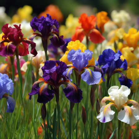 Multicolored irises in the garden on a sunny summer dayの素材