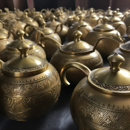 Ceramic pottery made of gold and silver, close upの素材
