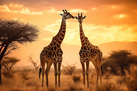Two giraffes in the savanna at sunset, Namibiaの素材