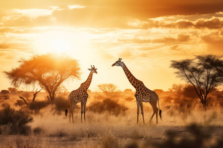 Giraffes in savannah at sunset. Kenya, Africaの素材