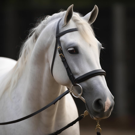 Portrait of a beautiful white horse in a bridle on a blurred backgroundの素材