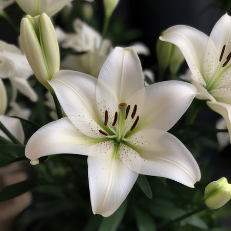Beautiful white lily flowers close-up on a dark backgroundの素材