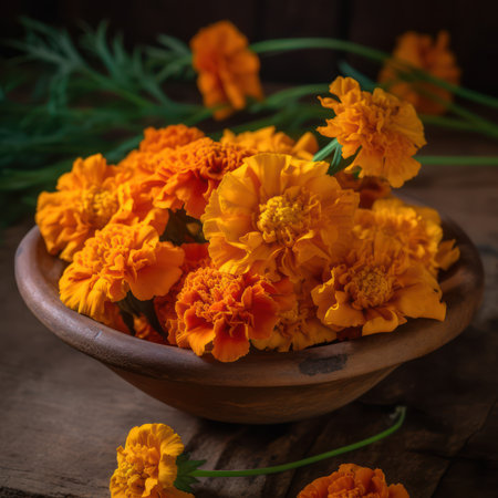 Marigold flowers in a wooden bowl on a wooden background.の素材