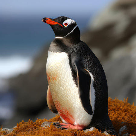 Gentoo penguin (Pygoscelis papua) standing on a rockの素材
