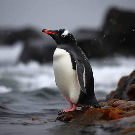 Gentoo penguin (Pygoscelis papua) standing on a rock in Antarcticaの素材