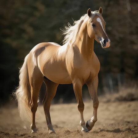Beautiful palomino stallion with long mane in motionの素材