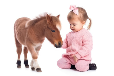 little girl and pony in front of white background. studio shot.の素材