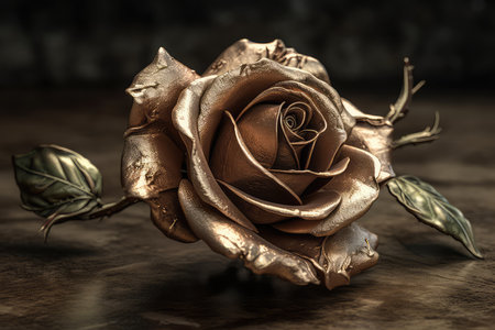 Beautiful golden rose on a wooden background. Close-up.の素材