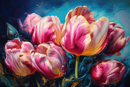 Colorful tulips in water. Abstract floral background. Toned.の素材