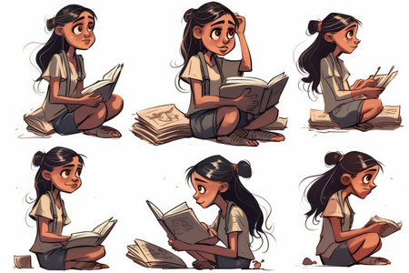 Cartoon schoolgirl reading books. Vector illustration isolated on white background.の素材