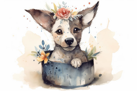 Cute dog with flowers in a bowl. Watercolor illustration.の素材